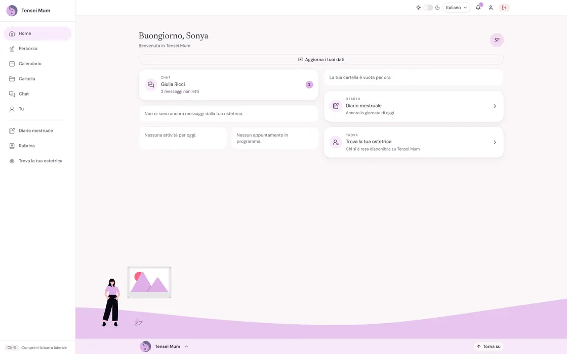 Tensei Mum: la pagina iniziale dell’app per le assistite, con messaggi e appuntamenti
